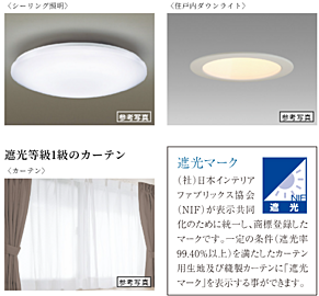 ポレスター千葉新宿 LED仕様の照明器具・遮光等級1級のカーテン