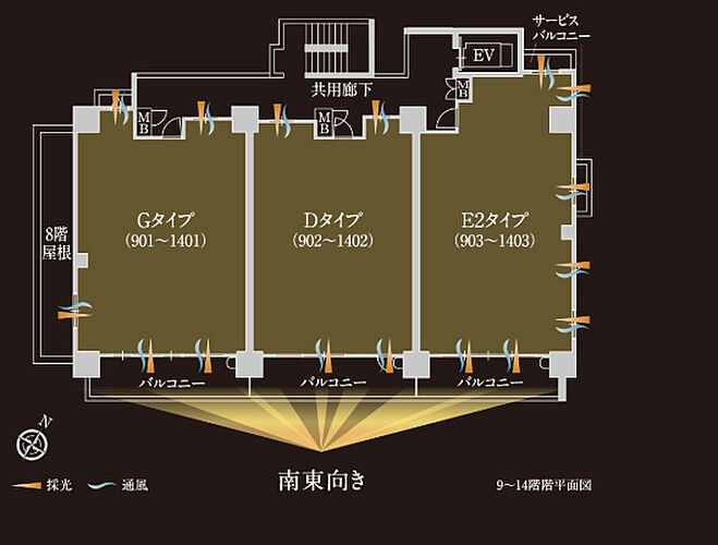 プレイズ菊川駅前 全邸南東向き（9～14階平面図）
