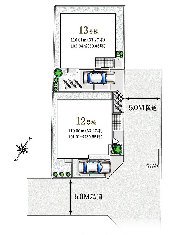  【区画図】
総2区画どちらも110m2以上×整った区画形状！低層住居専用地域ならではの落ち着いた住環境ながら、徒歩圏内に教育機関や病院、買い物スポットなどが揃う、バランスの良さが魅力のエリアです。