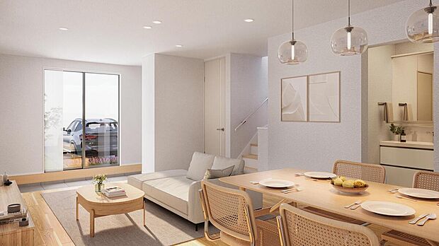 【LDK/1号棟】
LDKは明るい南向き×広々20.06帖!南窓近くに多目的に使える土間スペースを設け、玄関から土間収納を通り抜けて直接アプローチも可能です。※完成予想CG