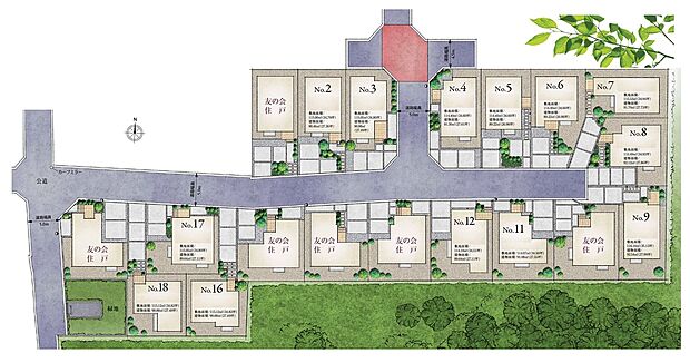  【区画図】
東西に伸びる道路沿いに整然と広がり、見通しが良く統一感ある街並みを形成。LDKや庭を南に配置することでたっぷりの陽光を導き、駐車スペースは前面道路とフラットに。お車の入出庫もスムーズです