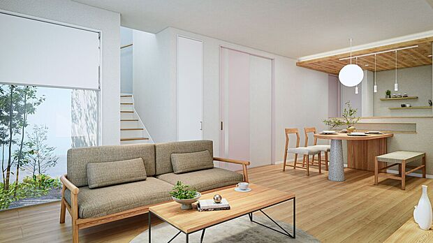 【1号棟/LDK 完成予想CG】
LDKは全棟南テラスに面し、多面採光で明るく広々!大きな窓から注ぎ込む陽だまりが心地よく、伸びやかな景観が広がる団らん空間。