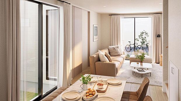 【【LDK/3号棟】】大きな窓の外にはテラスや中庭が広がり、プライベートアウトドア空間に。ガーデニングやBBQを楽しんだり、お子様が遊ぶ様子をLDKから見守ることもできます。※完成予想CG