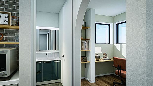 【【7号棟/洗面所・マルチスペース 完成予想CG】】様々なライフスタイルに寄り添うこだわりが随所に。7号棟は水回りを集約し、窓や収納、L型カウンターがあるマルチスペースを配置。家事ピットやお子様の学習などにご活用いただけます。