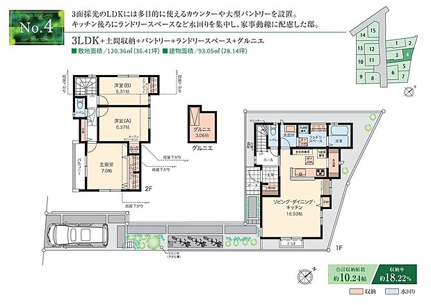 【3LDK】☆ 4号棟のPOINT ☆
●対面キッチンはパントリーを備え、背面に水回りを集約。
●洗面所とランドリースペースは間仕切りができ機能的。
●ホール階段仕様のため、玄関から直接2階へ来客のご案内も可能。
