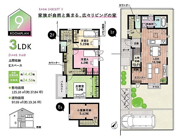 【3LDK】☆ 9号棟のPOINT ☆
●玄関~土間収納~LDKへ通り抜けができ、帰宅動線良好。
●LDKや2階ホールにマルチに使えるカウンターを設置。
●Eスペースは2階ホールから固定階段で出入り可能。