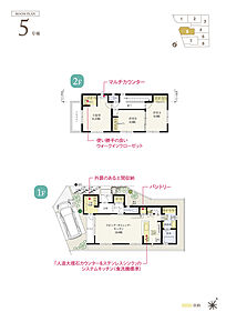 ☆ 5号棟のＰＯＩＮＴ ☆
●土間収納はテラスへ直接出入りができ、ゆとりある広さ。
●LDKはキッチン、ダイニング、リビングがストレートで見通しが良いI型。
●洋室A、洋室Bは間仕切りを開放し一体利用も可能。 