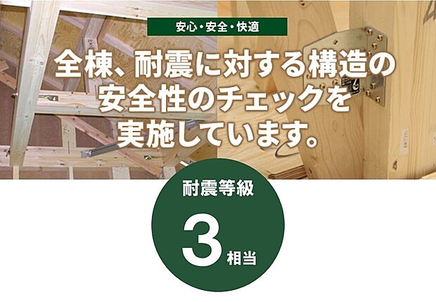 【全棟、耐震に対する構造の安定性のチェックを実施】【数百年に一度の確率で発生する大震災の1.5倍の地震力でも倒壊しない耐震性能】剛床・パネル＝面の強さ＝耐久により、耐震等級3相当の耐震性能を保持します。これは消防署など災害時の支援拠点となる建物の耐震性能に匹敵します。どの新築住宅も耐震等級1が義務付けられていますが、兼六ホームでは耐震等級3をクリアできるように全棟計算を実施しています。 兼六ホームでは備えあるお住まいを提供致します。