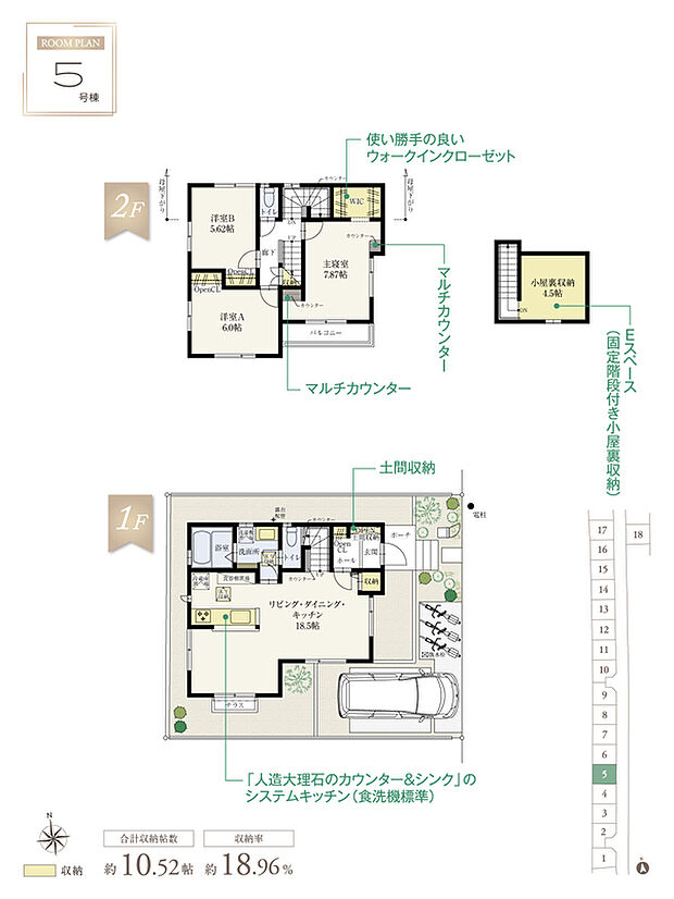 【3LDK】☆ 5号棟のPOINT ☆
●LDKはテラスから南庭に出入りができ、ゆったり18.5帖。
●キッチン背面に水回りを集約し、家事効率良好。
●主寝室はWIC付き。一角にカウンターを設け、PC作業等に便利。