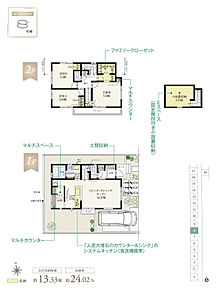 ☆ 8号棟のＰＯＩＮＴ ☆
●LDKの一角にカウンター付きマルチスペースを設け、家事ピットなど多用途。
●土間収納とCLが横並びで、お出掛け用品などの保管に便利。
●FCLは2階廊下、主寝室からの2WAY。 