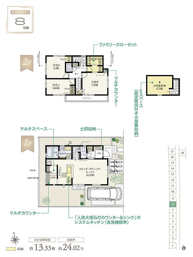 【3LDK】☆ 8号棟のPOINT ☆
●LDKの一角にカウンター付きマルチスペースを設け、家事ピットなど多用途。
●土間収納とCLが横並びで、お出掛け用品などの保管に便利。
●FCLは2階廊下、主寝室からの2WAY。