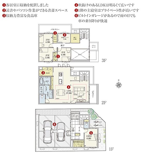 [1号地 プラン図] 間取・外構植栽図は設計図書を基に描き起こしたもので実際とは多少異なる場合があります。 家具・家電・備品・車・自転車等は価格に含まれません。