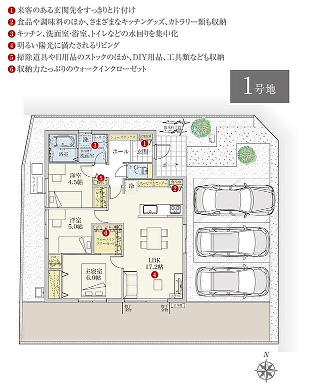 ［プラン図］※図面に基づいて描いているのでプラン及び外構・植栽については、実際とは多少異なる場合があります。また、車・自転車・家具・家電・備品等は販売価格に含まれません。