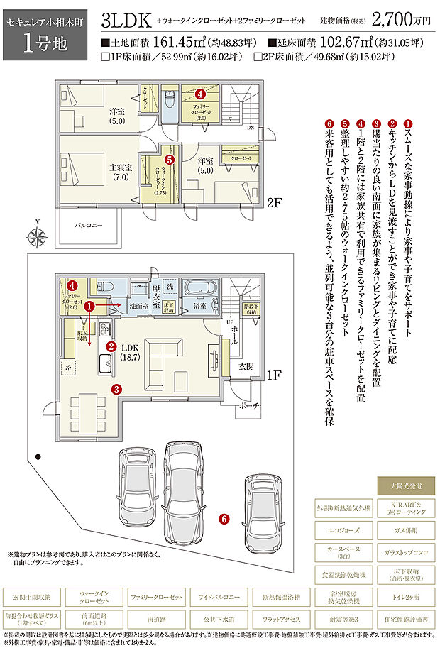 【1号地 建物プラン例（間取り図）】［参考プラン］※建物プランは参考例であり、購入者はこのプランに関係なく、自由にプランニングできます。