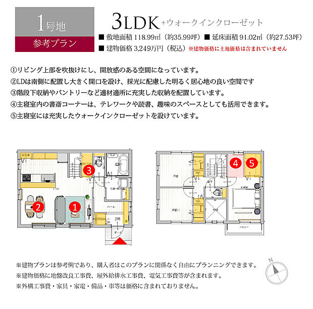 【1号地 建物プラン例（間取り図）】［参考プラン］※建物プランは参考例であり、購入者はこのプランに関係なく、自由にプランニングできます。