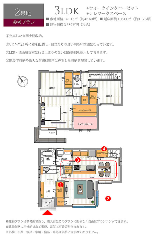 【2号地 建物プラン例（間取り図）】［参考プラン］※建物プランは参考例であり、購入者はこのプランに関係なく、自由にプランニングできます。