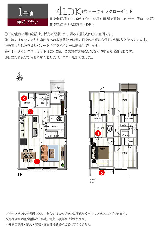【1号地 建物プラン例（間取り図）】［参考プラン］※建物プランは参考例であり、購入者はこのプランに関係なく、自由にプランニングできます。