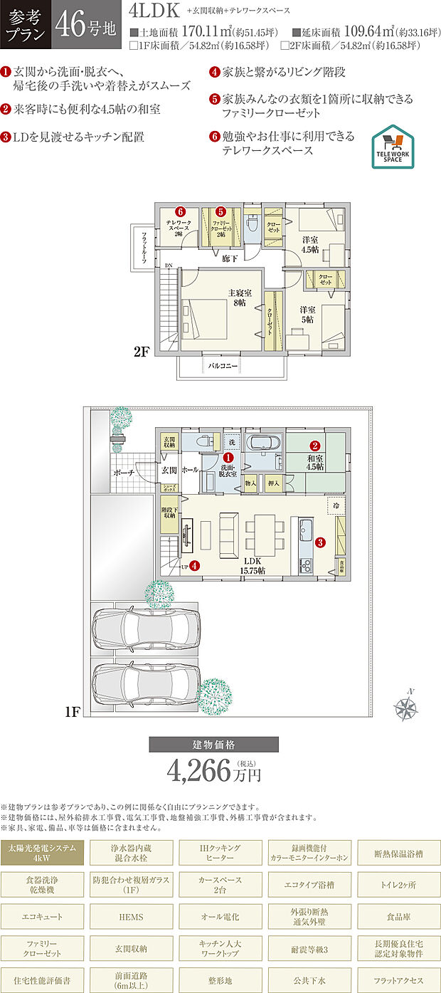 【46号地 建物プラン例（間取り図）】［参考プラン］※建物プランは参考例であり、購入者はこのプランに関係なく、自由にプランニングできます。