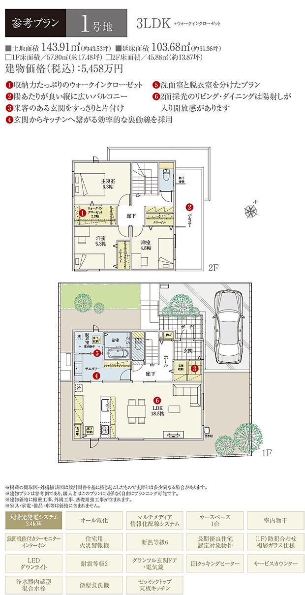 【1号地 建物プラン例（間取り図）】［参考プラン］※建物プランは参考例であり、購入者はこのプランに関係なく、自由にプランニングできます。
