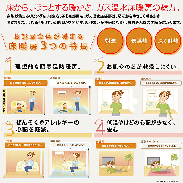 【床暖房】家族が一番集まる機会の多いリビング・ダイニングに床暖房を搭載しております!ガス温水式の床暖房で、足元から優しく温められます♪