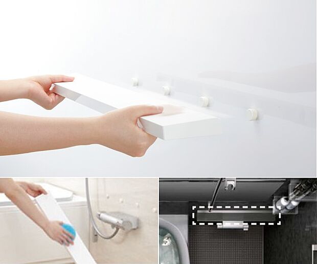 【【LIXIL】とるピカスリムカウンター】簡単に壁から外して、まる洗いできます。ボトルなどが手元にたっぷり置けるスリムカウンター。壁からの張り出しが少ないので（奥行97ｍｍ）、洗い場を広く使えます。