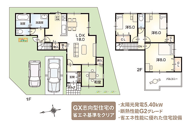 【4号地プラン例】南からの光がたっぷり届く18帖LDK!さらに和室とつながる、広がりある空間です。バルコニーはゆったり5.5帖!開放感のある角区画を活かした、明るくのびのび暮らせるプランです。