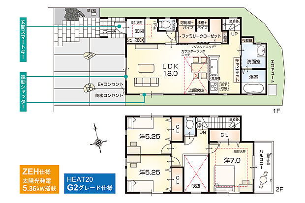 【1号地モデルハウス/間取り】太陽光発電5.36kW搭載。「ZEH」&「G2」の、省エネで高断熱な先進仕様の高性能住宅です。