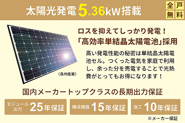 【太陽光発電5.36kw搭載】ロスを抑えてしっかり発電！「高効率単結晶太陽電池」採用。高い発電性能の秘密は単結晶太陽電池セル。つくった電気を家庭で利用し、余った分を売電することで光熱費がとってもお得になります。