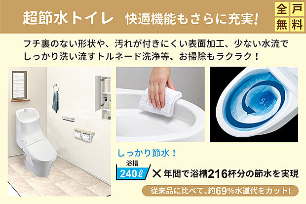 【省エネ・清潔・快適な最新トイレ採用】フチ裏のない形状や、汚れが付きにくい表面加工、少ない水流でしっかり洗い流すトルネード洗浄等、節水節電でき、お掃除もラクラクのトイレ！壁面収納棚やペーパーホルダー、タオルリングも標準仕様です。