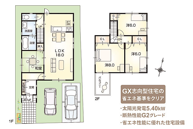【4LDK】一体感のある、ゆったり18帖の南向きLDK!他にも、家事がしやすいスムーズな水回り動線や、全室6帖以上の2階洋室等、ゆとりある空間でのびのび暮らせる住まいです。
【ZEH仕様 + G2グレード仕様付】(外構工事付、消費税込)