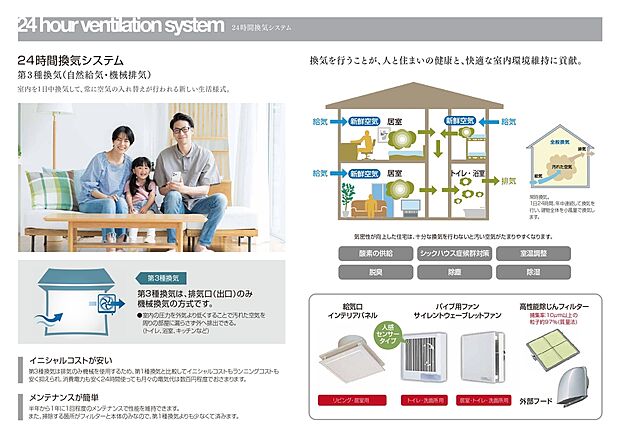 【24時間換気システム】第3種換気を採用した24時間換気システムで自然給気+機械排気により室内の空気を常に入れ替え、湿気や臭い、汚れた空気を効率的に排出。快適で健康的な空気環境を保ち、カビやアレルゲン対策にも役立ちます。