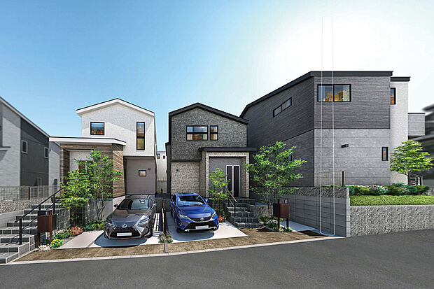 【品格と風合いを纏った街並み】
上品な邸宅感のあるデザインの住まいを、木調と石調の味わい豊かなマテリアルで彩りました。暮らしの利便と穏やかさが揃う津田沼エリアに誕生する、品格ある街並みです。