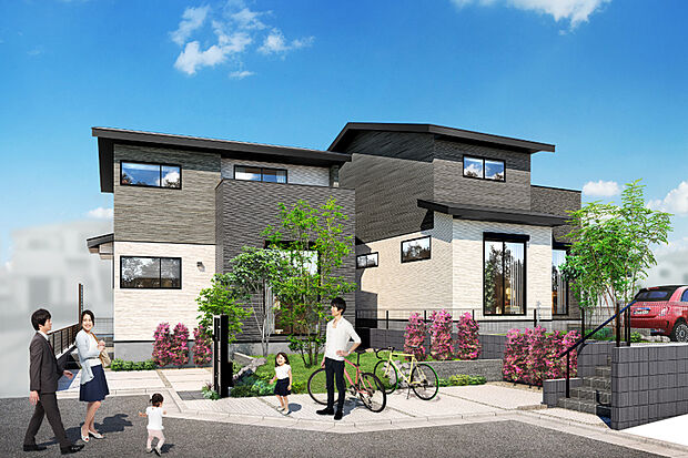 【和モダンの外観デザイン】樹種の木目を美しく表現した外壁材に、軒の深い表情が調和した、モダンでありながら和の趣を醸し出す外観デザインです。