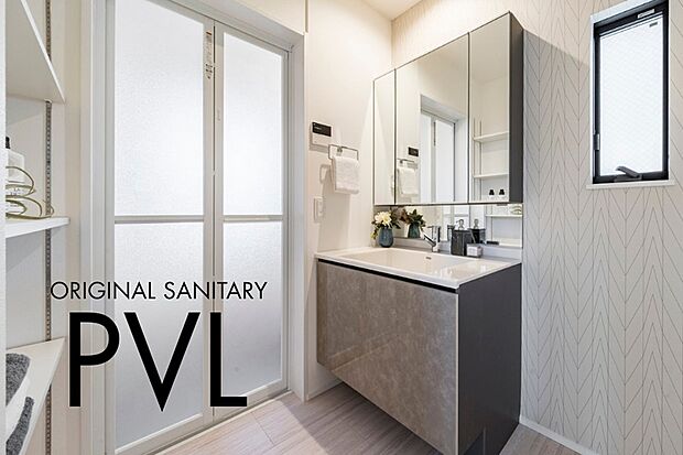 【ポラスオリジナル／PVL】高級感のある鏡面の面材とゲルコート人工大理石カウンターのポラスオリジナル洗面化粧台。