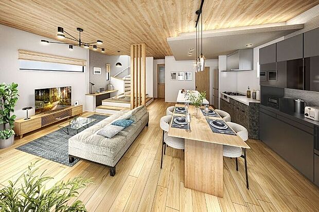 【PLAN2】料理中も家族の気配を感じられる、開放的なLDKです。階段横の小上がりは、お子様の遊び場やワークスペースとしても活用でき、家族それぞれの時間を大切にできます。※2号棟完成予想図