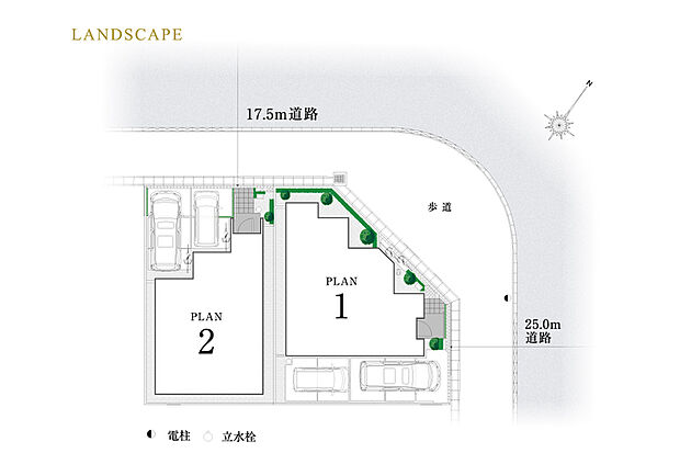 【区画図】歩道に囲まれた開放的な2邸。全邸カースペース台設定。