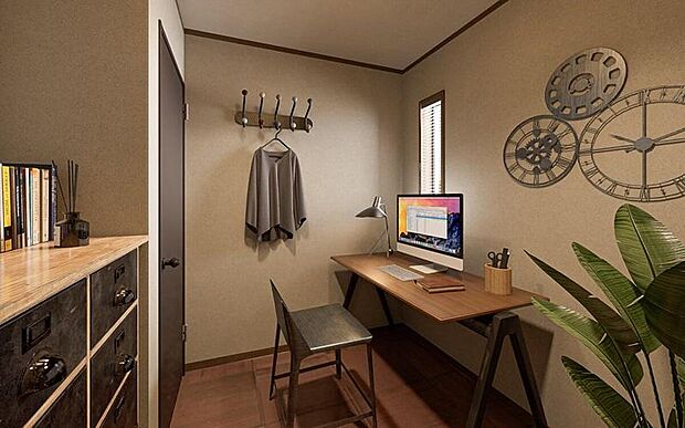 【リビング以外の居室(ダルトン仕様のインテリアイメージ)】落ち着いたカラーで整えた、大人のためのプライベート書斎。デスクとチェア付きで、趣味や仕事に集中できる心地よい空間です。壁面には棚を設置できるスペースもあり、自分らしい使い方が可能です。