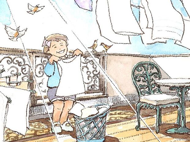 【バルコニー】光と風が心地よいバルコニーで、子どもがお手伝いに挑戦。家族の日常に小さな成長と笑顔が重なる、特別なひとときを描きます。