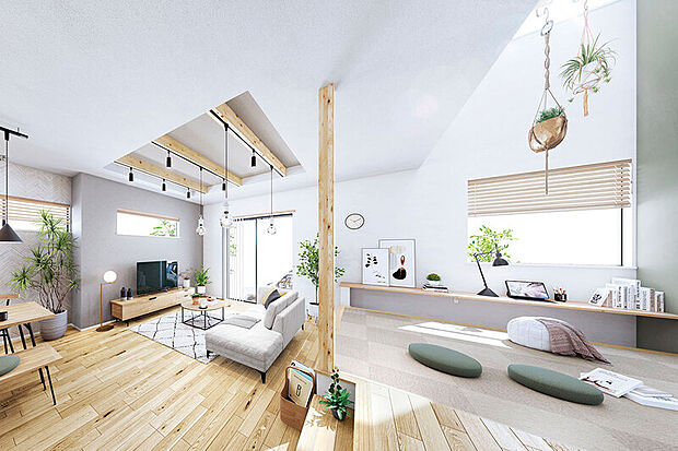 【多目的に使えるスキップのある家】
段差でLDと境界を設けたスキップを確保。仕事や趣味はもちろん、親子で並んで読み聞かせもできるロングカウンター付です。※7号棟LDK完成予想図