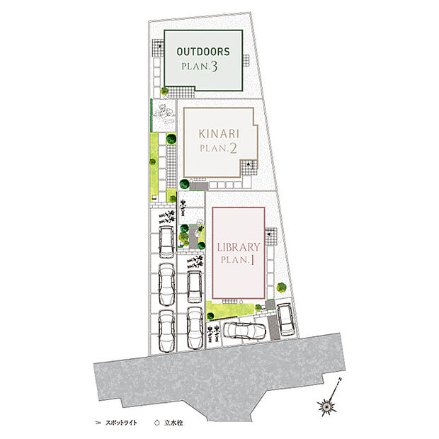 【街全体で豊かな暮らしを育む街区計画】
ゆとりあるカースペースをはじめ、アウトドア空間や緑の景観を楽しめるアプローチ部、視線をゆるやかにさえぎるデザイン格子などを邸別に計画。豊かな暮らしを育みます。