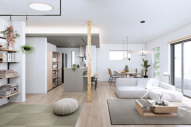 【LDK+α20帖空間とカフェカウンターで、憩いを楽しむ】
フラットマルチの空間を含め、家族のくつろぎ空間は20帖超の広さを確保。キッチンにはカフェカウンターを設けています。※1号棟内観完成予想図