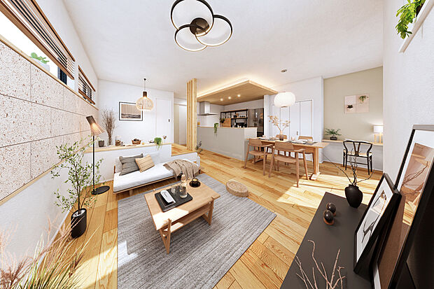 【デザインや素材を厳選し、家族の暮らしを彩るプランニング】
多彩に使えるマルチコーナー、肌にやさしいテキスタイルフロアをご用意。木の風合いが漂う木製格子が風情を伝えます。※4号棟LDK完成予想図