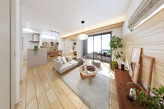 【和の佇まいと心地よさにこだわったデザインが調和する住空間】
暮らし方にフィットするデザインを随所に採用。本物の木を壁面やフロアに用いることで上品な温もりが漂ってきます。※5号棟LDK完成予想図