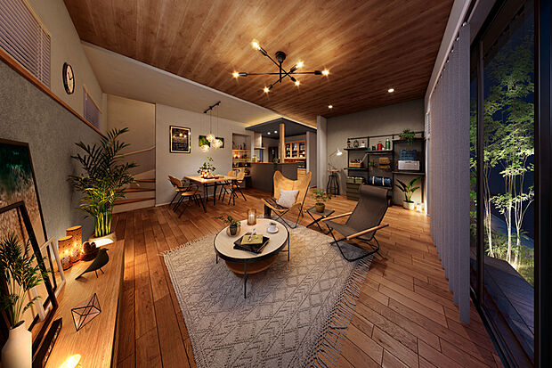 【【光の家】】南東角地ならではの、光と風に憩う住まい。ワイドサッシや高窓がもたらす心地いい開放感と空の景観が、明るく爽やかなライフシーンを叶えます。※1号棟LDK完成予想図