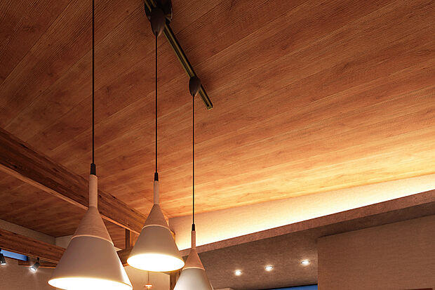 【【空間の広がりと意匠性を演出する化粧梁】】リビングの天井は梁を魅せるデザインを採用。天然木の梁の柔らかな印象が、空間を優しく演出してくれます。※号棟により採用状況が異なります。※2号棟LDK完成予想図