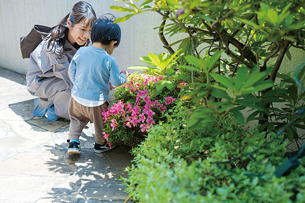 【【アプローチ部の緑の景観】】リビングから庭の緑を楽しめるよう、アプローチ部に植栽を施しました。癒しの景色が暮らしに彩りを添えてくれます。※号棟により採用状況が異なります。※画像はイメージです。