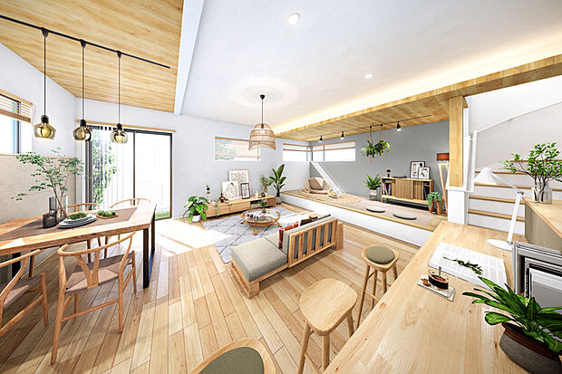 【【伸びやかな寛ぎにひたれる住まい】】リビングと段差で緩やかに境界を設けたステップコーナーをご用意。和の風合いを感じる畳敷きの空間は、昼寝や読書、ちょっとしたおもてなしにも使える、心地よいひとときを演出します。※2号棟LDK完成予想図