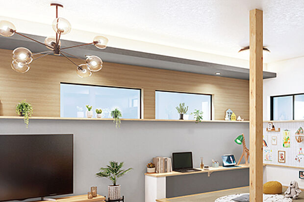 【【余白】】木の温もりと白のやさしさに包まれた住まいに、緑、風、空を感じられる「窓」をデザイン。窓と飾る空間が描く余白が、家族それぞれの時間に心地よい距離感と穏やかさを育みます。※2号棟LDK完成予想図