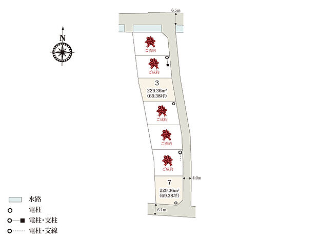 【区画図】大通りから一本入った場所に位置する落ち着いた雰囲気の分譲地。
