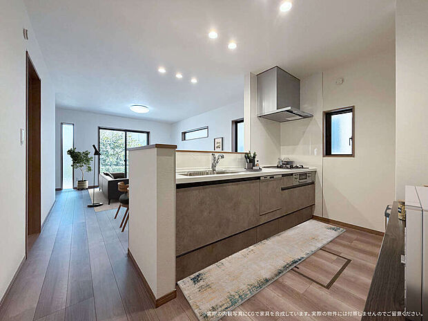 【10号棟　キッチン　CG家具設置イメージ】
※画像内に含まれる家具家電はCGで設置したイメージです。実際の物件には付帯付帯しません。